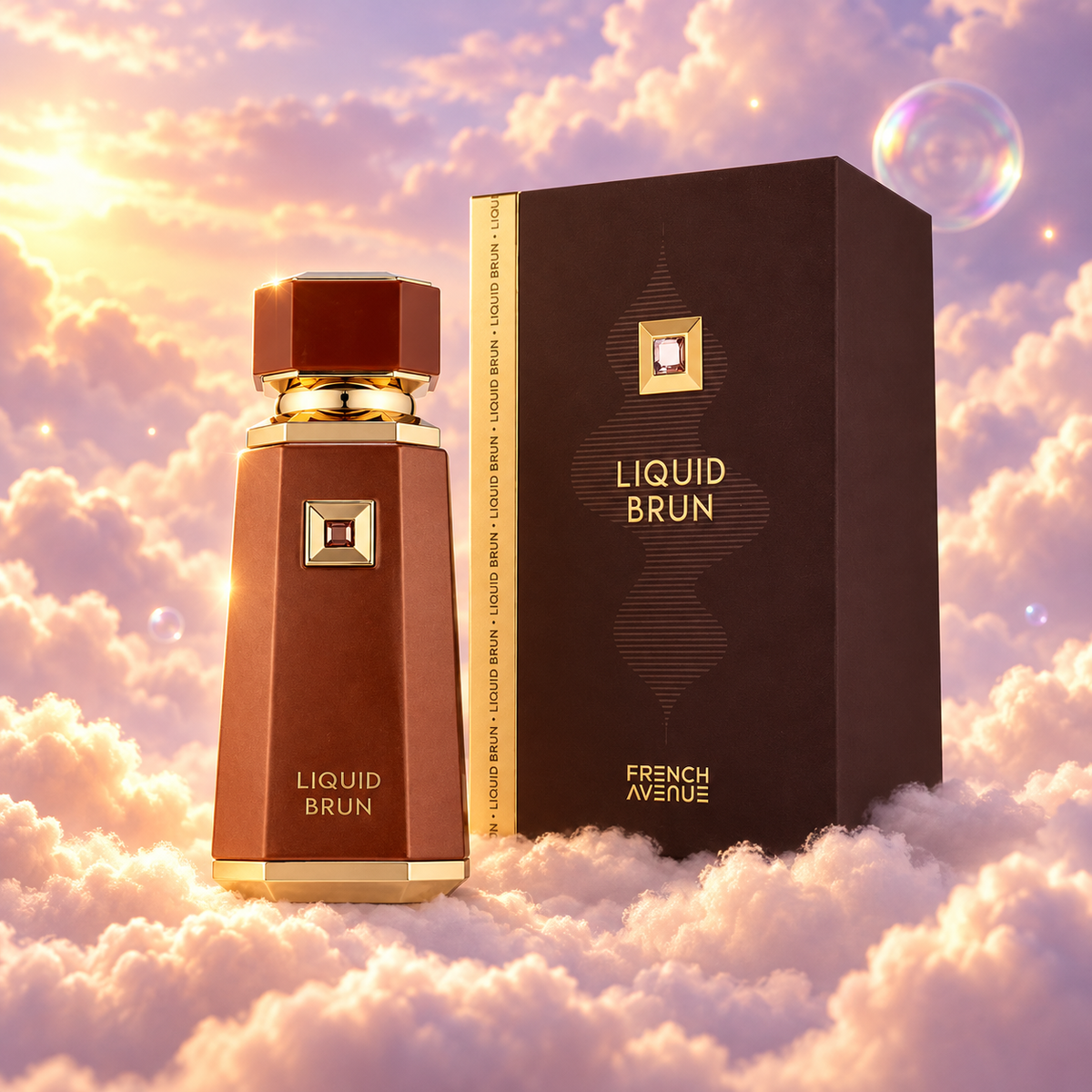 El frasco de Liquid Brun de French Avenue junto a su caja original, sobre nubes.