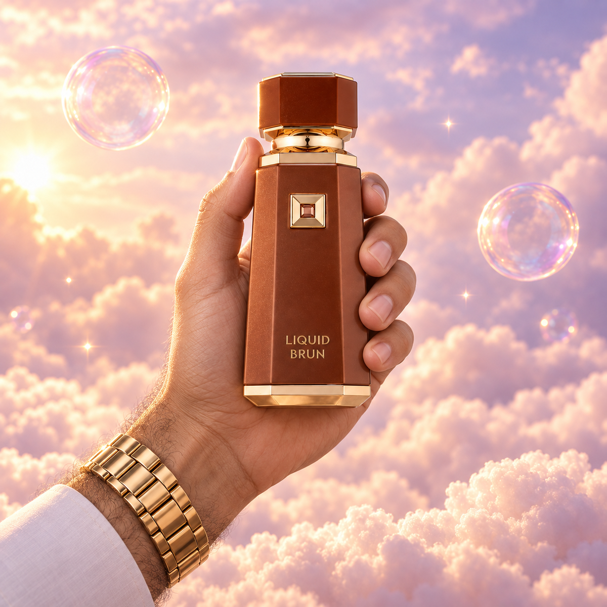 Una mano sostiene el frasco de Liquid Brun de French Avenue entre nubes rosadas.