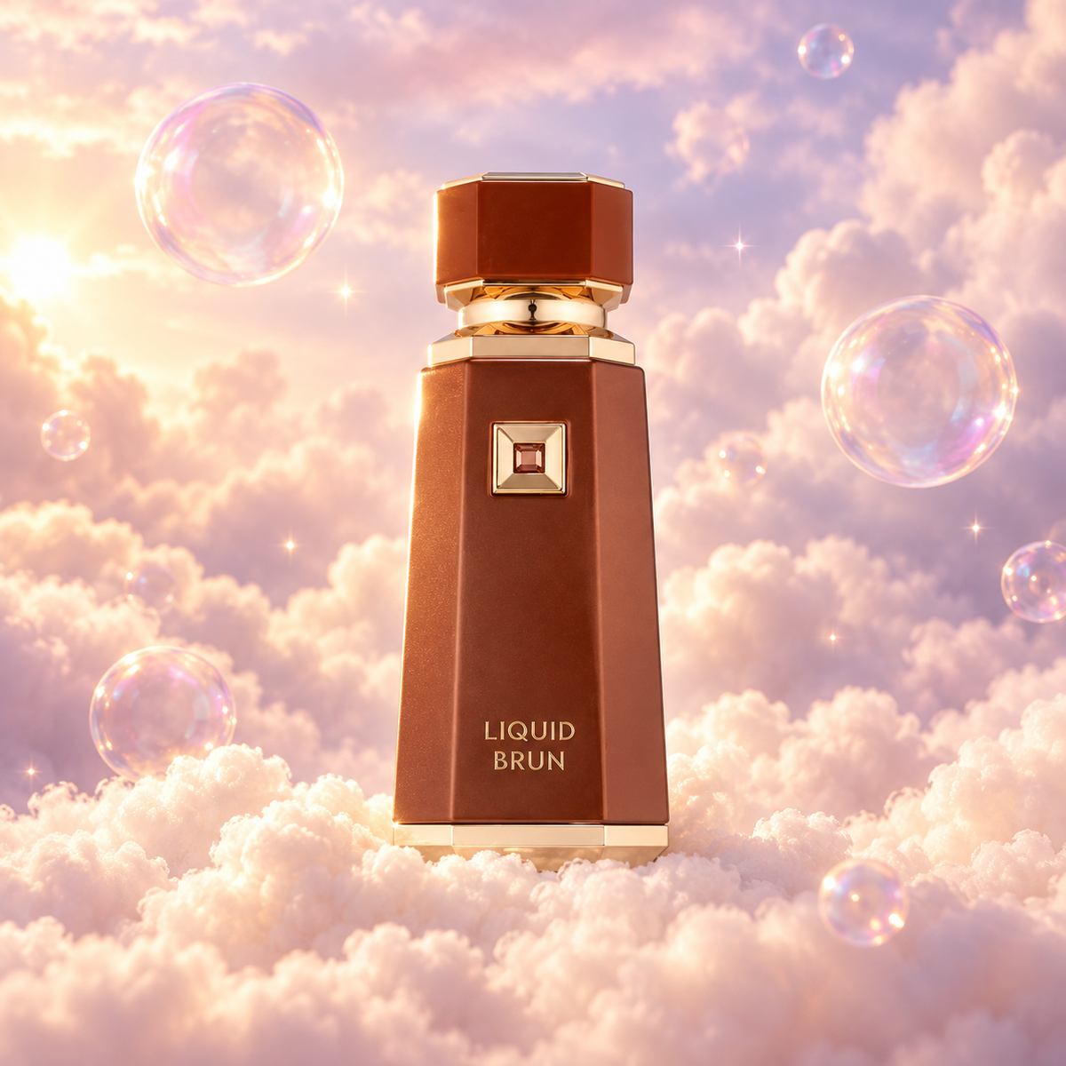 Frasco de Liquid Brun de French Avenue sobre un banco de nubes, en un cielo rosa y lavanda con pompas iridiscentes y luz dorada.