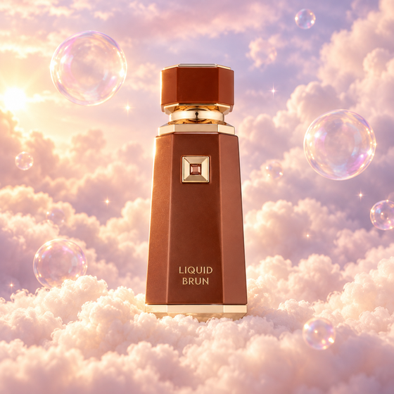Frasco de Liquid Brun de French Avenue sobre un banco de nubes, en un cielo rosa y lavanda con pompas iridiscentes y luz dorada.