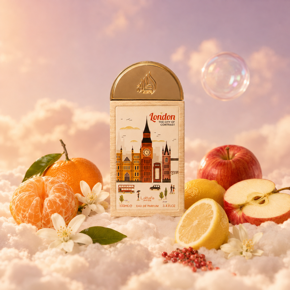 The bottle of London The City of Contrast by Lattafa surrounded by mandarin, lemon, apple and neroli, on clouds.