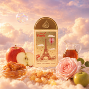 El frasco de Love in Paris de Lattafa rodeado de caramelo, manzana, sirope de arce, benjuí sobre nubes.