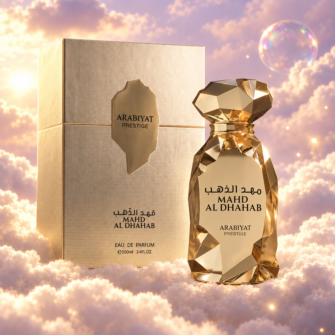 El frasco de Mahd Al Dhahab de Arabiyat Prestige junto a su caja original, sobre nubes.