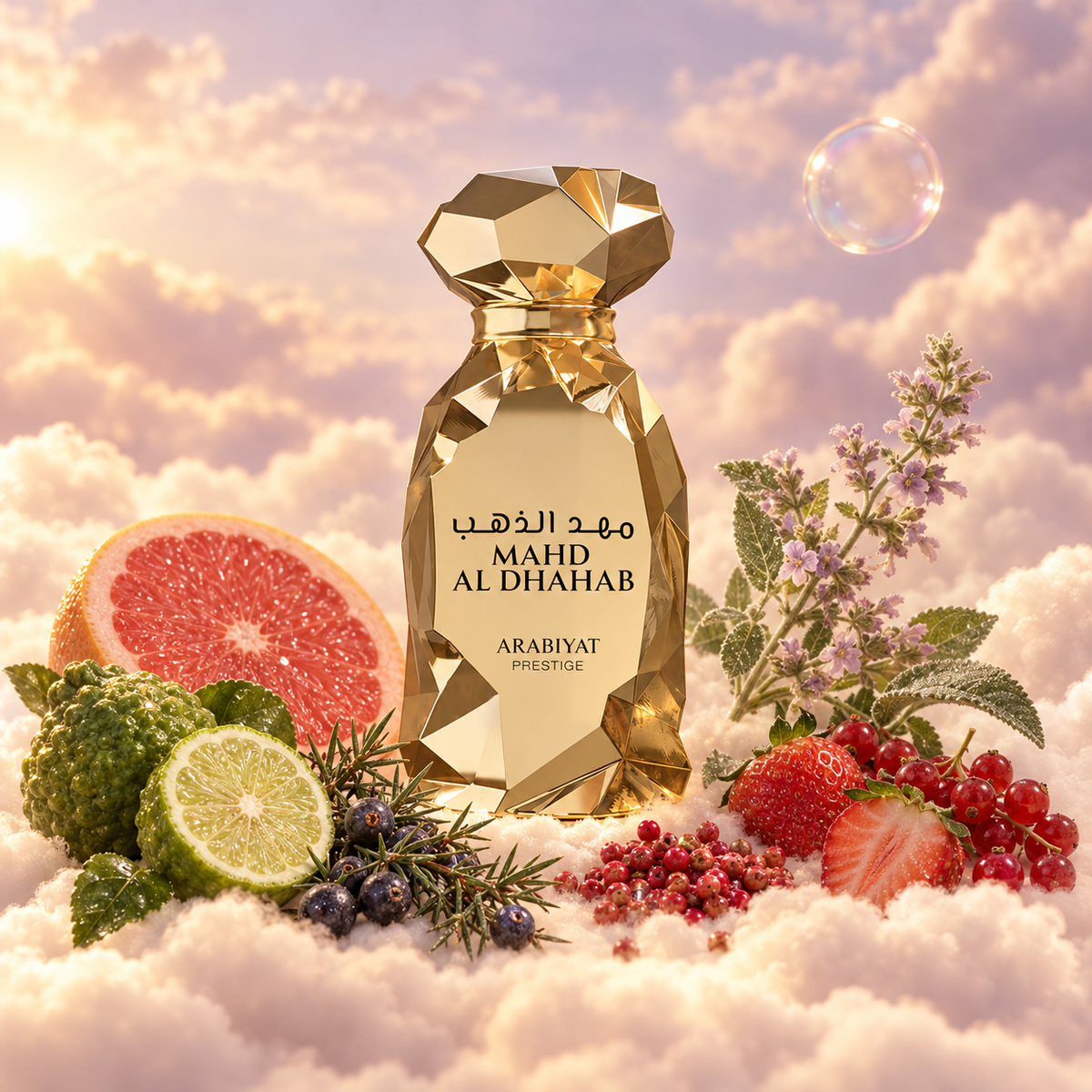 El frasco de Mahd Al Dhahab de Arabiyat Prestige rodeado de pomelo, bergamota, salvia esclarea, ciprés sobre nubes.