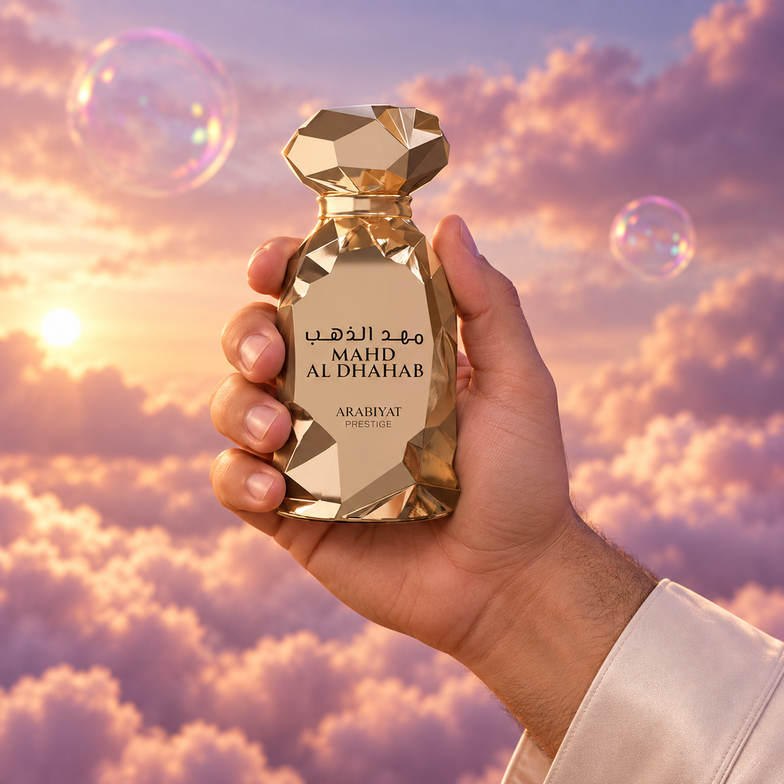 Una mano sostiene el frasco de Mahd Al Dhahab de Arabiyat Prestige entre nubes rosadas.