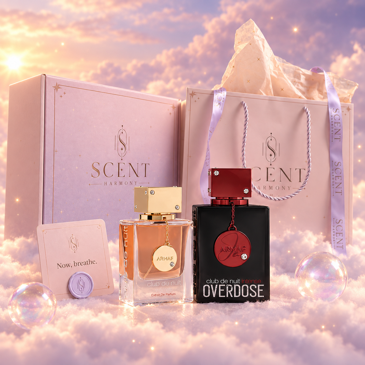 Midnight Club gift set for couples, in front of the Scent Harmony box and gift bag