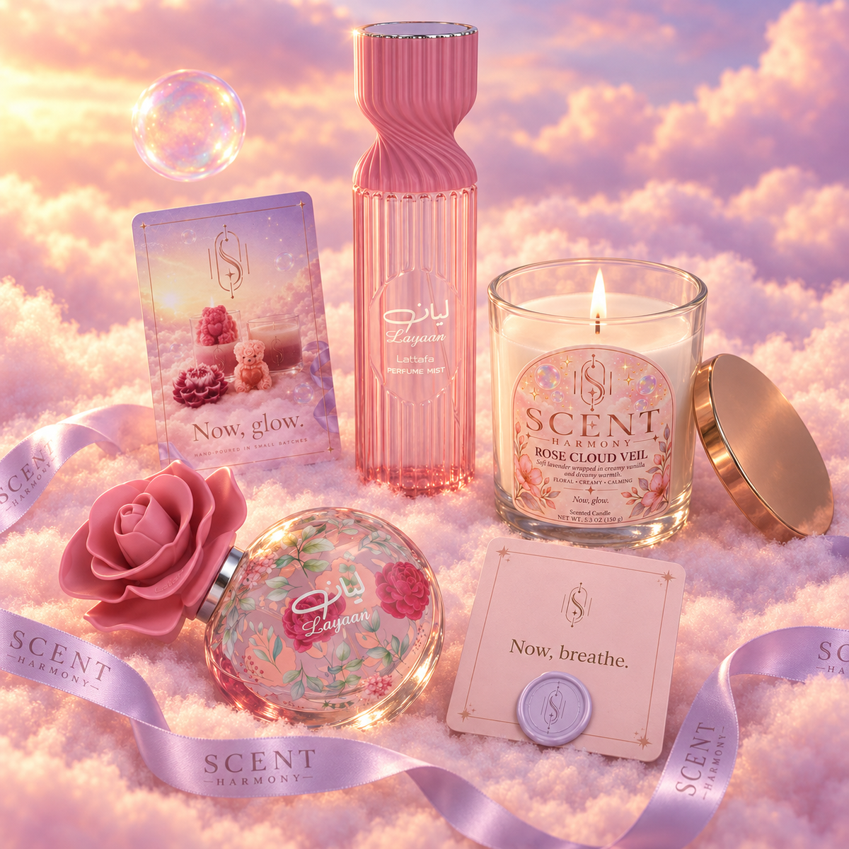 Close-up of the Morning Bloom kit with the Now, breathe card and the Scent Harmony ribbon