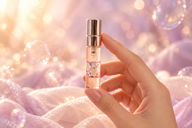 A hand holding a small glass sample vial with a rose-gold spray top.