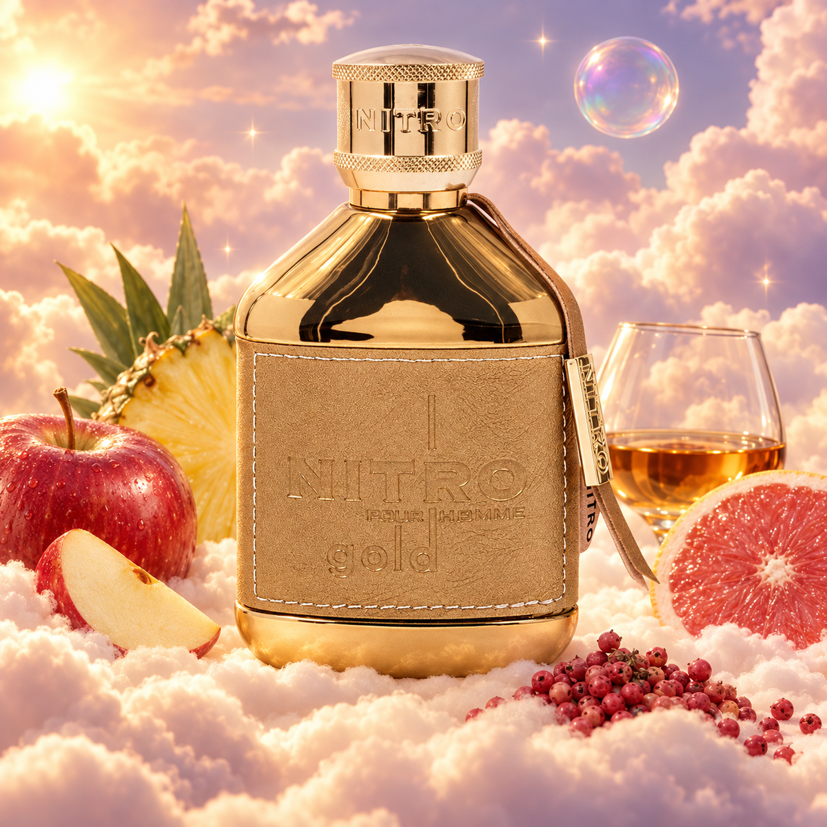 El frasco de Nitro Gold de Dumont rodeado de manzana, piña, notas marinas, coñac sobre nubes.