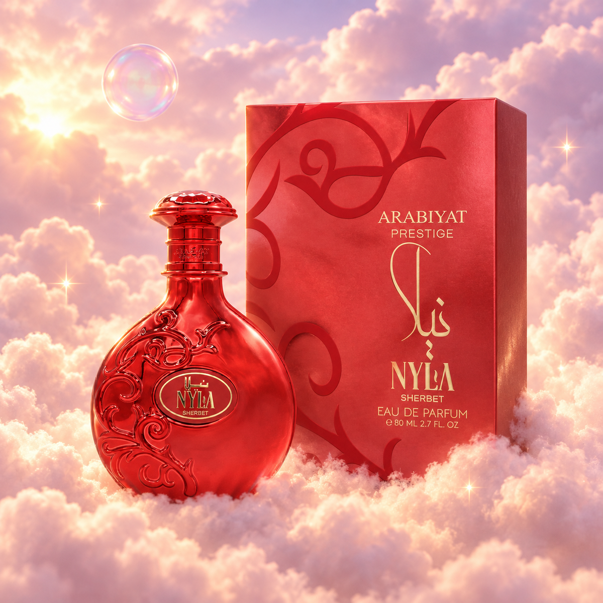The bottle of Nyla Sherbet by Arabiyat Prestige next to its original box, on clouds.