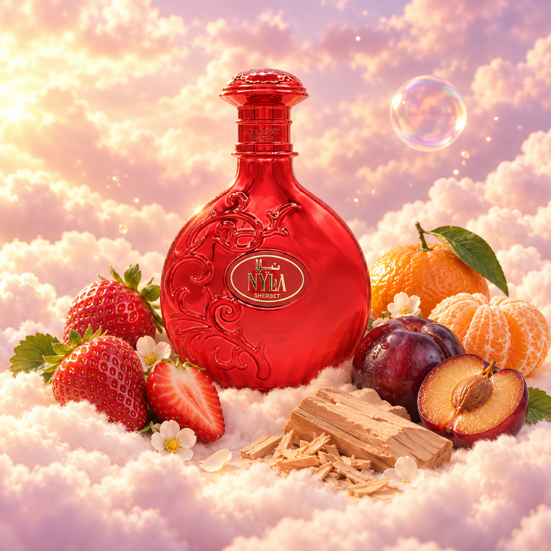 The bottle of Nyla Sherbet by Arabiyat Prestige surrounded by strawberry, mandarin and plum, on clouds.