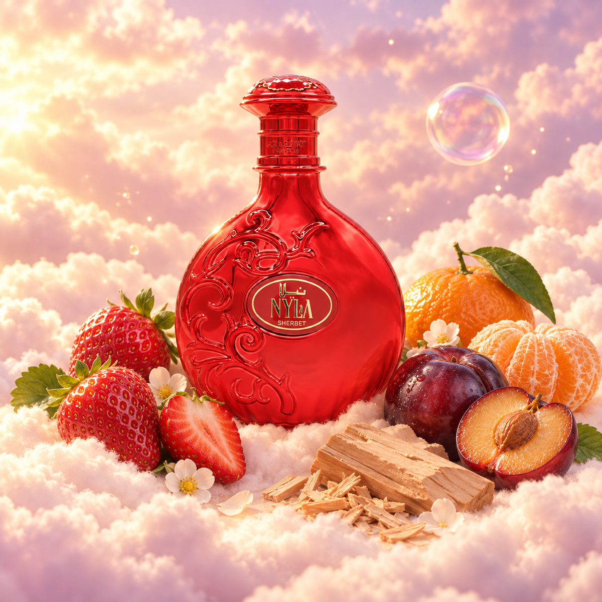 The bottle of Nyla Sherbet by Arabiyat Prestige surrounded by strawberry, mandarin and plum, on clouds.