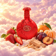 The bottle of Nyla Sherbet by Arabiyat Prestige surrounded by strawberry, mandarin and plum, on clouds.