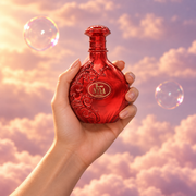 A hand holds the bottle of Nyla Sherbet by Arabiyat Prestige among pink clouds.