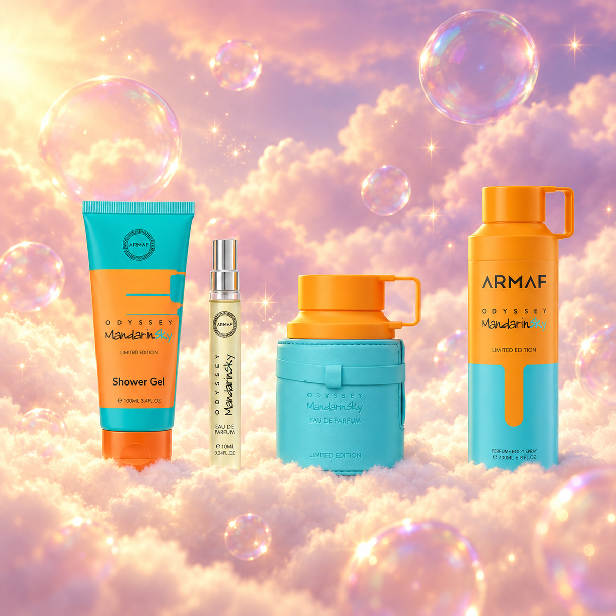 El frasco de Odyssey Mandarin Sky Set Lux de Armaf rodeado de mandarina, naranja, caramelo, haba tonka sobre nubes.
