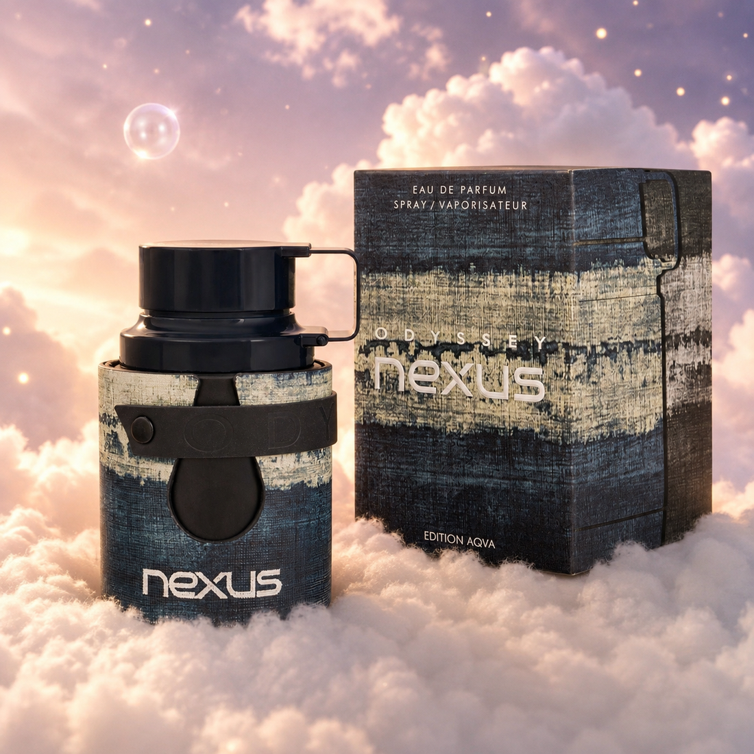 The bottle of Odyssey Nexus by Armaf next to its original box, on clouds.
