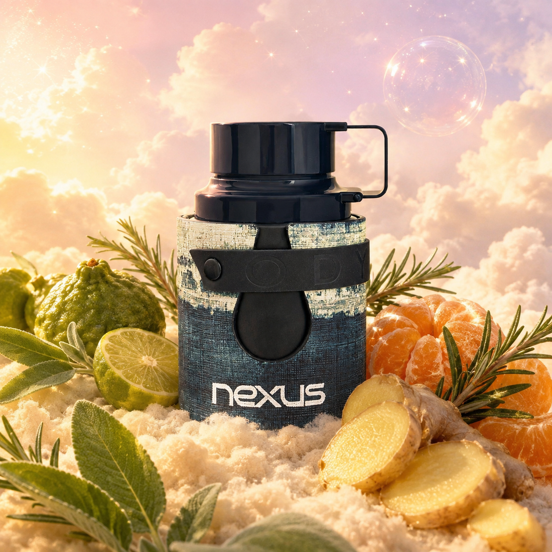 The bottle of Odyssey Nexus by Armaf surrounded by marine notes, bergamot, rosemary and ginger, on clouds.