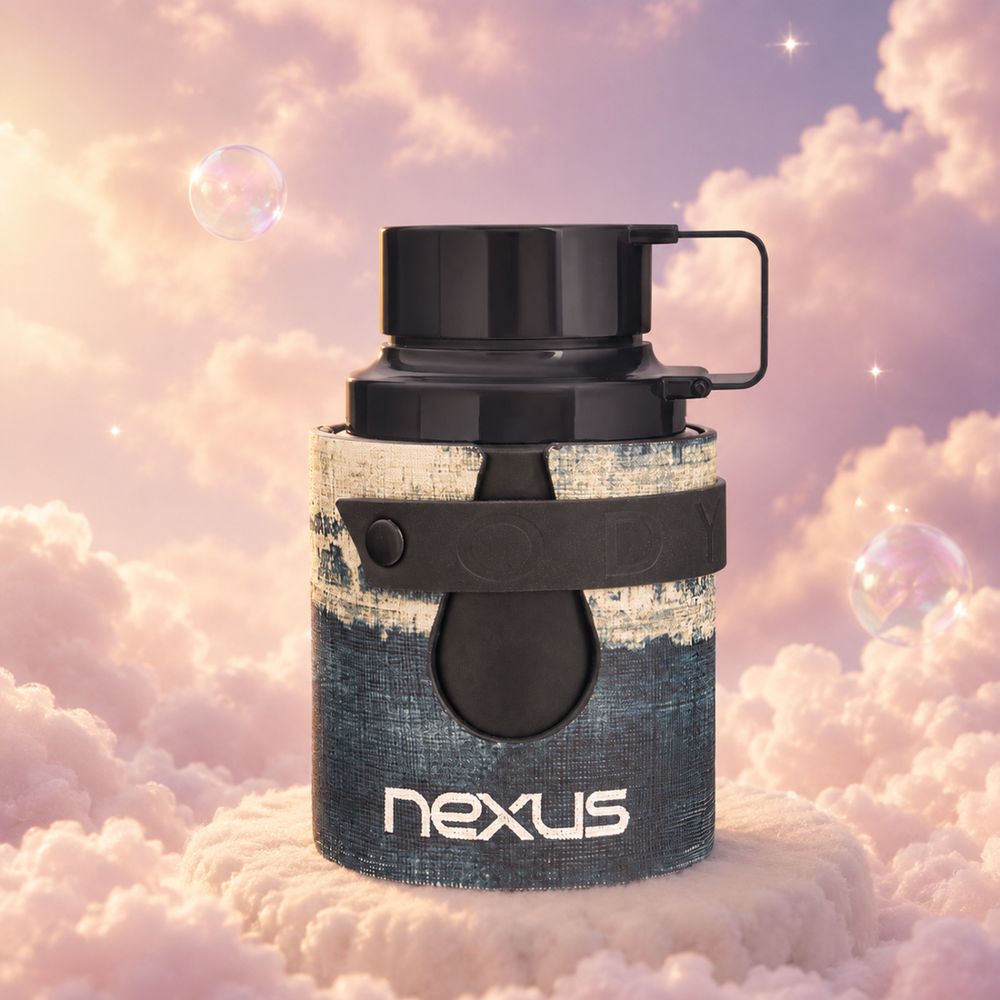 Bottle of Odyssey Nexus by Armaf on a bank of clouds, in a pink and lavender sky with iridescent bubbles and golden light.
