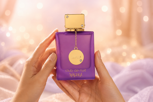 A hand holding the purple Armaf Club de Nuit Maleka bottle with its gold cap.