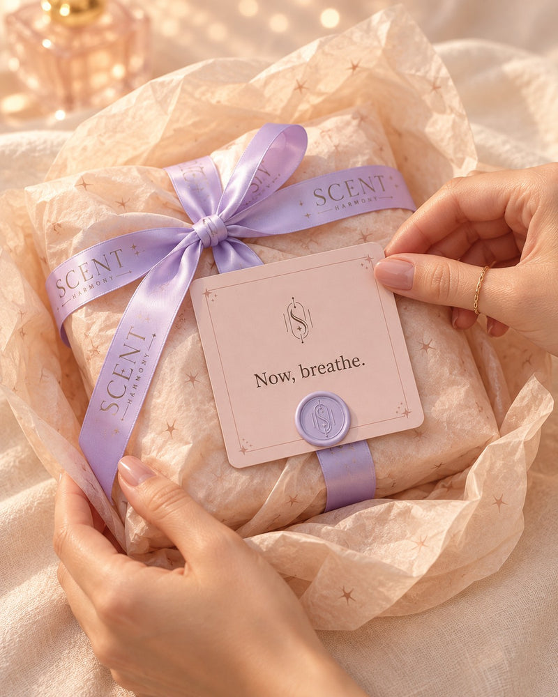 El perfume envuelto con su lazo y la tarjeta Now, breathe.