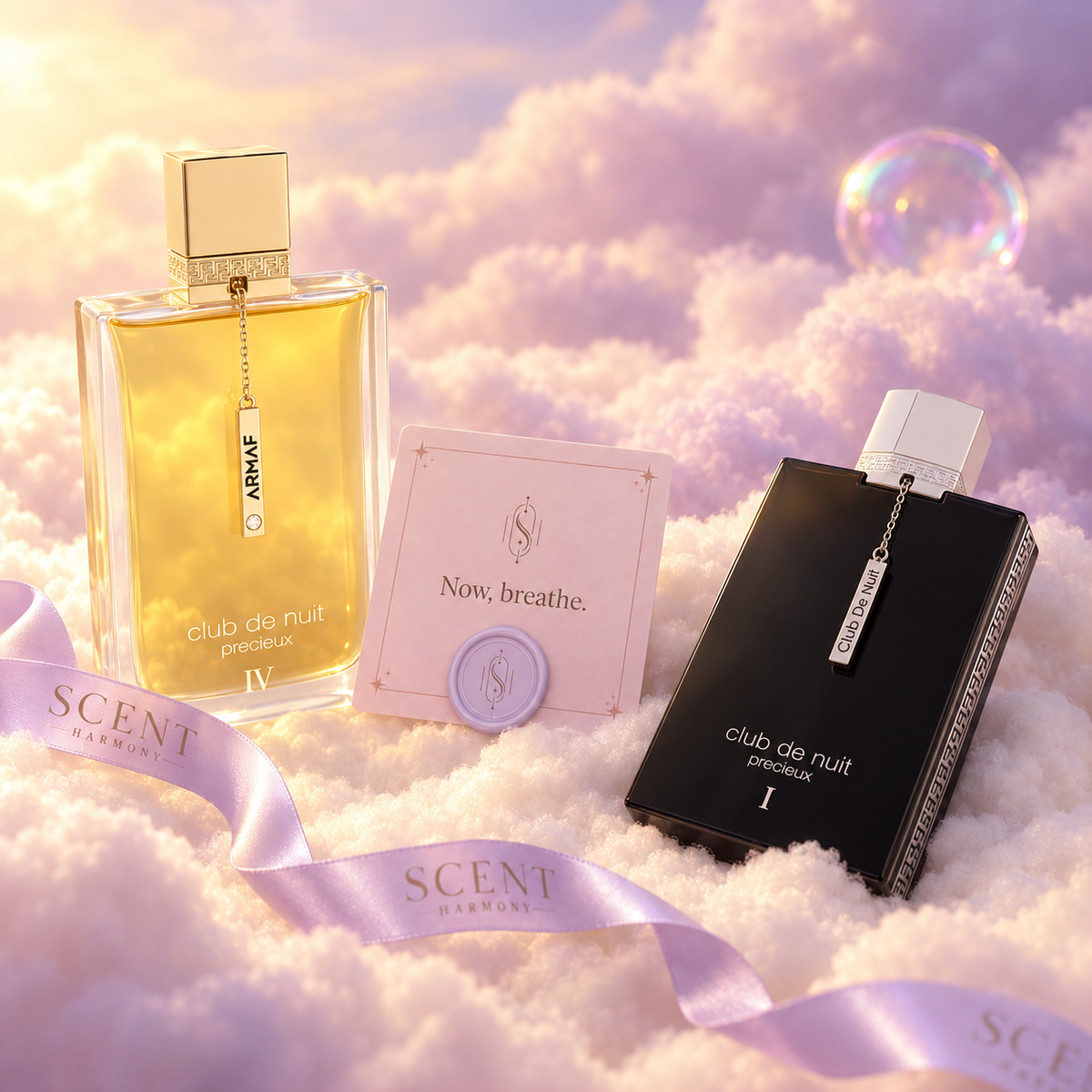 Close-up of the Precious Hours kit with the Now, breathe card and the Scent Harmony ribbon