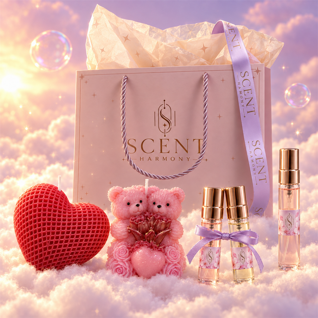 The kit’s extras: the gift bag and the details inside (the mini candle design varies)
