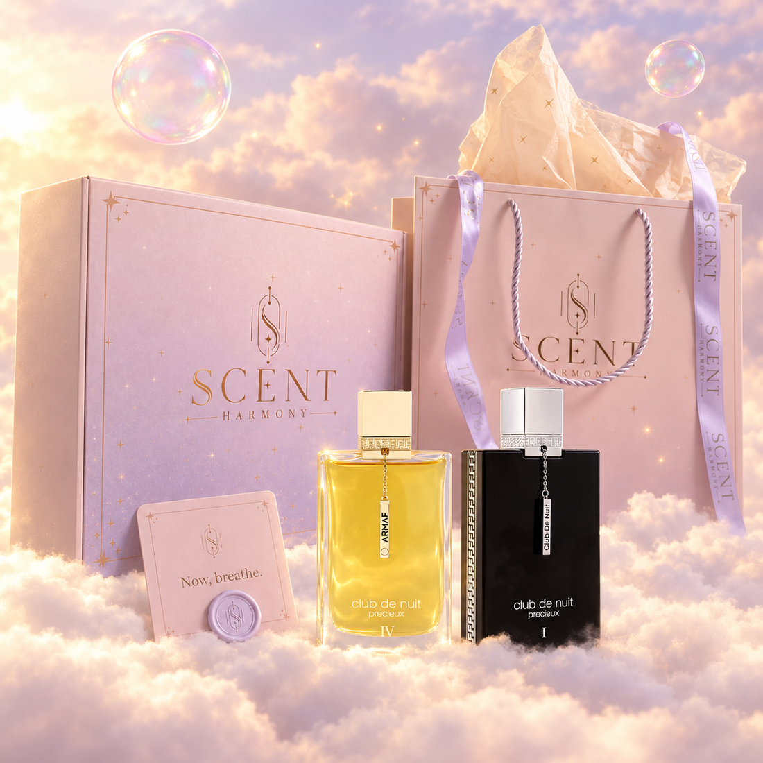 Precious Hours gift set for couples, in front of the Scent Harmony box and gift bag