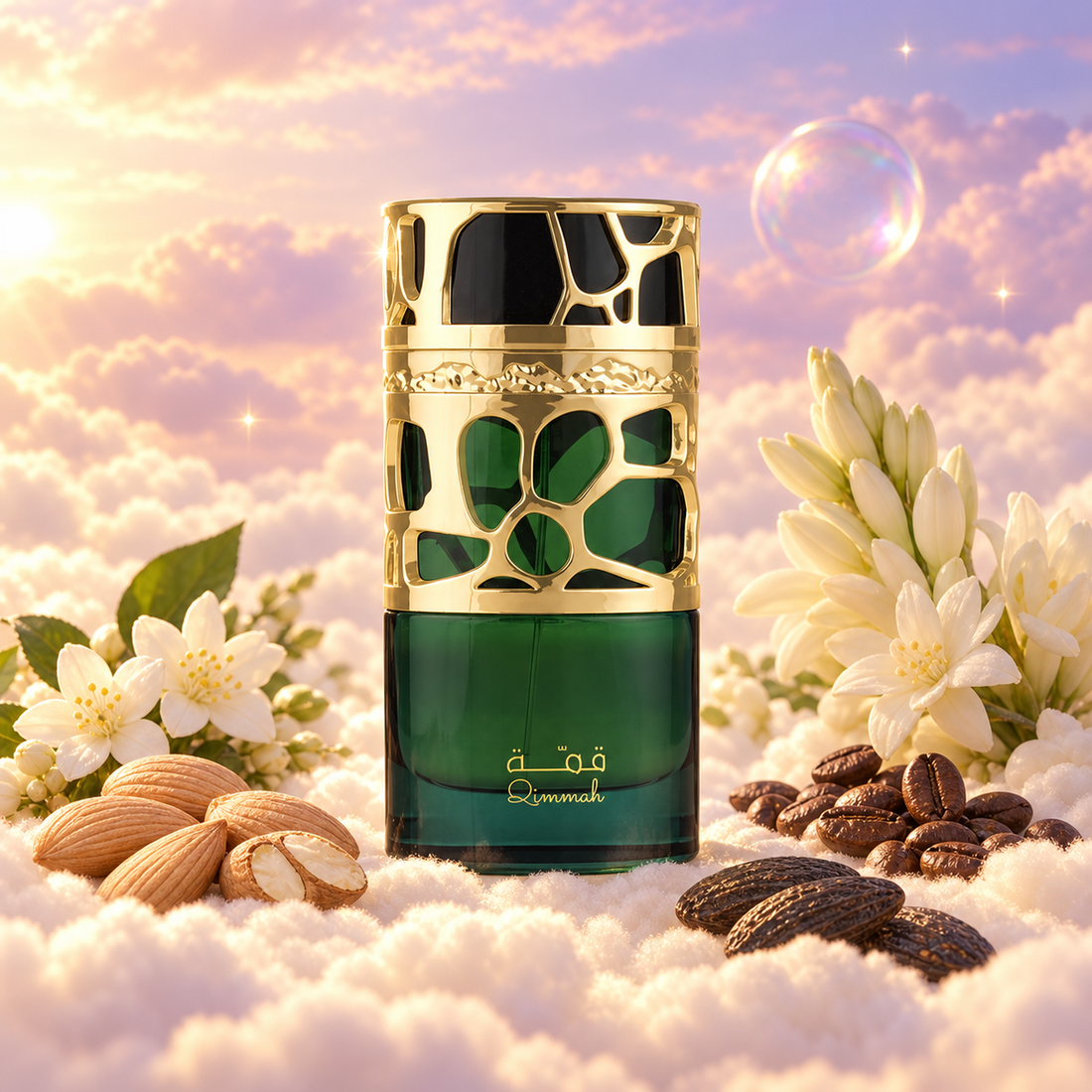 The bottle of Qimmah by Lattafa surrounded by almond, coffee, jasmine and tuberose, on clouds.