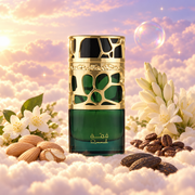 The bottle of Qimmah by Lattafa surrounded by almond, coffee, jasmine and tuberose, on clouds.