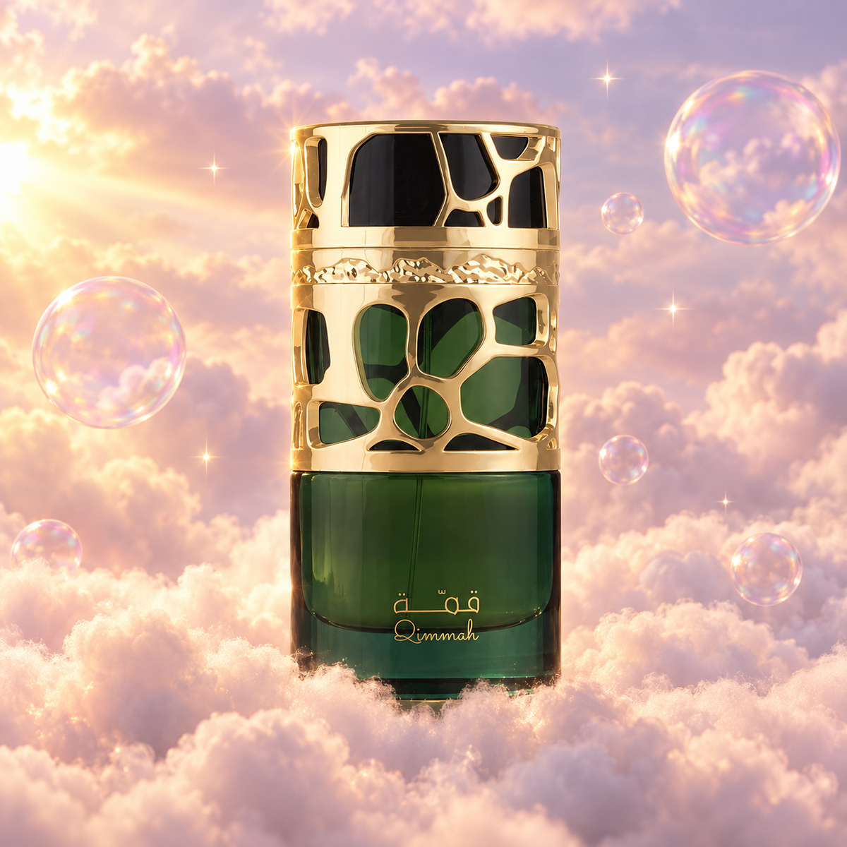 Bottle of Qimmah by Lattafa on a bank of clouds, in a pink and lavender sky with iridescent bubbles and golden light.