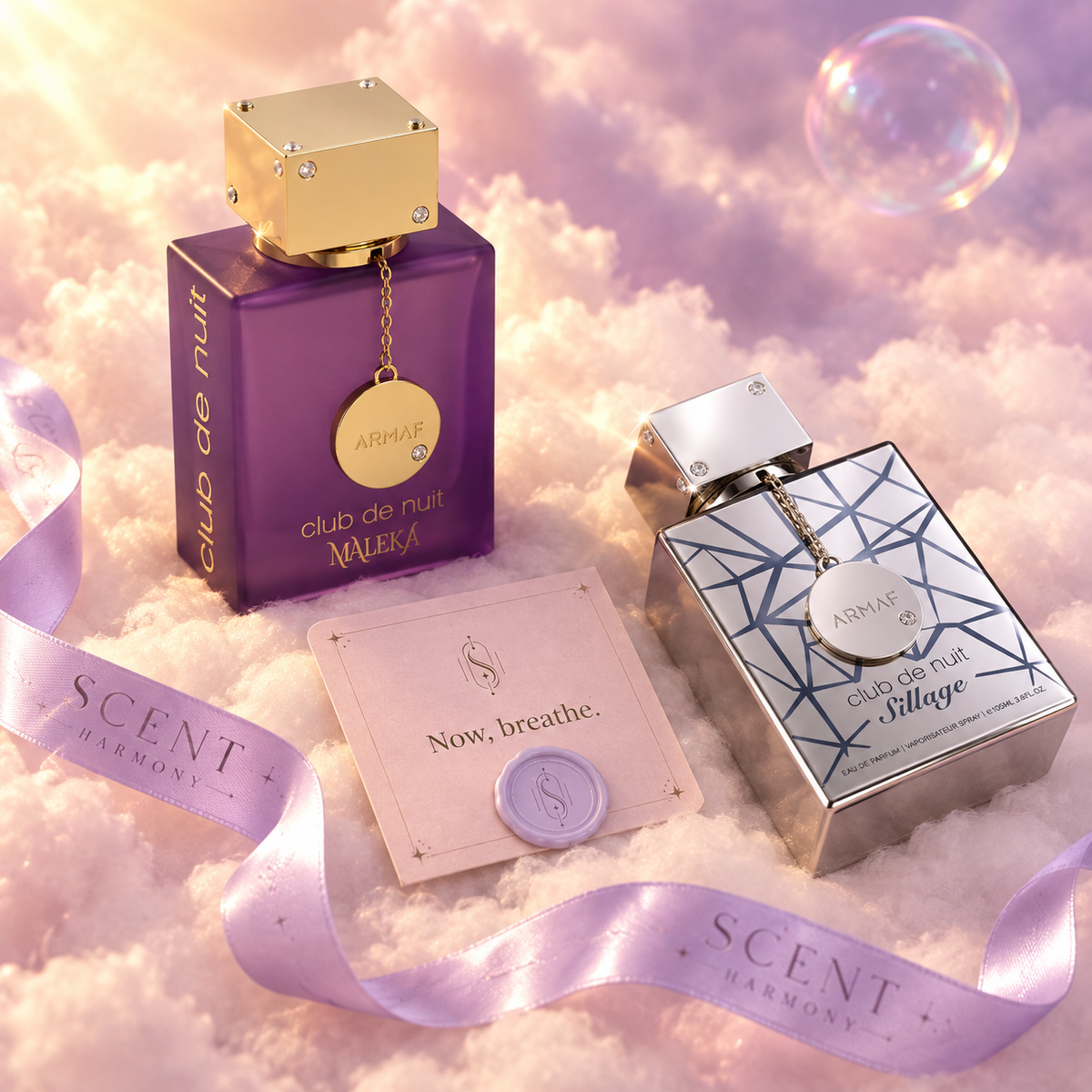 Detalle del kit Queen's Trail con la tarjeta Now, breathe y la cinta de Scent Harmony