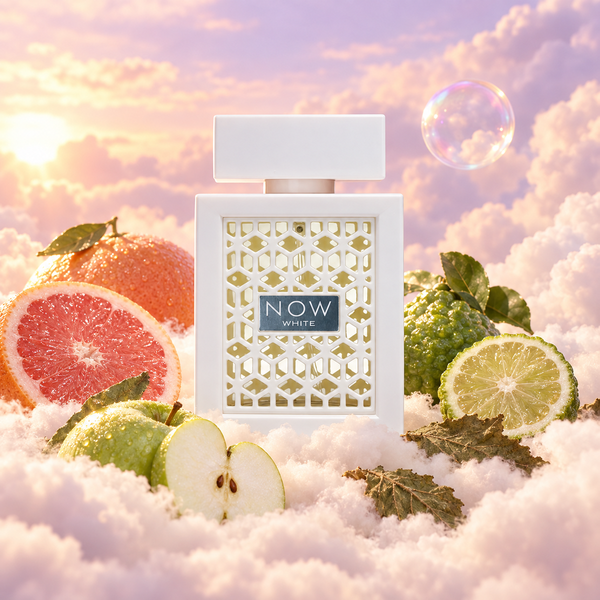 The bottle of Rave Now White by Lattafa surrounded by grapefruit, bergamot, green apple and patchouli, on clouds.