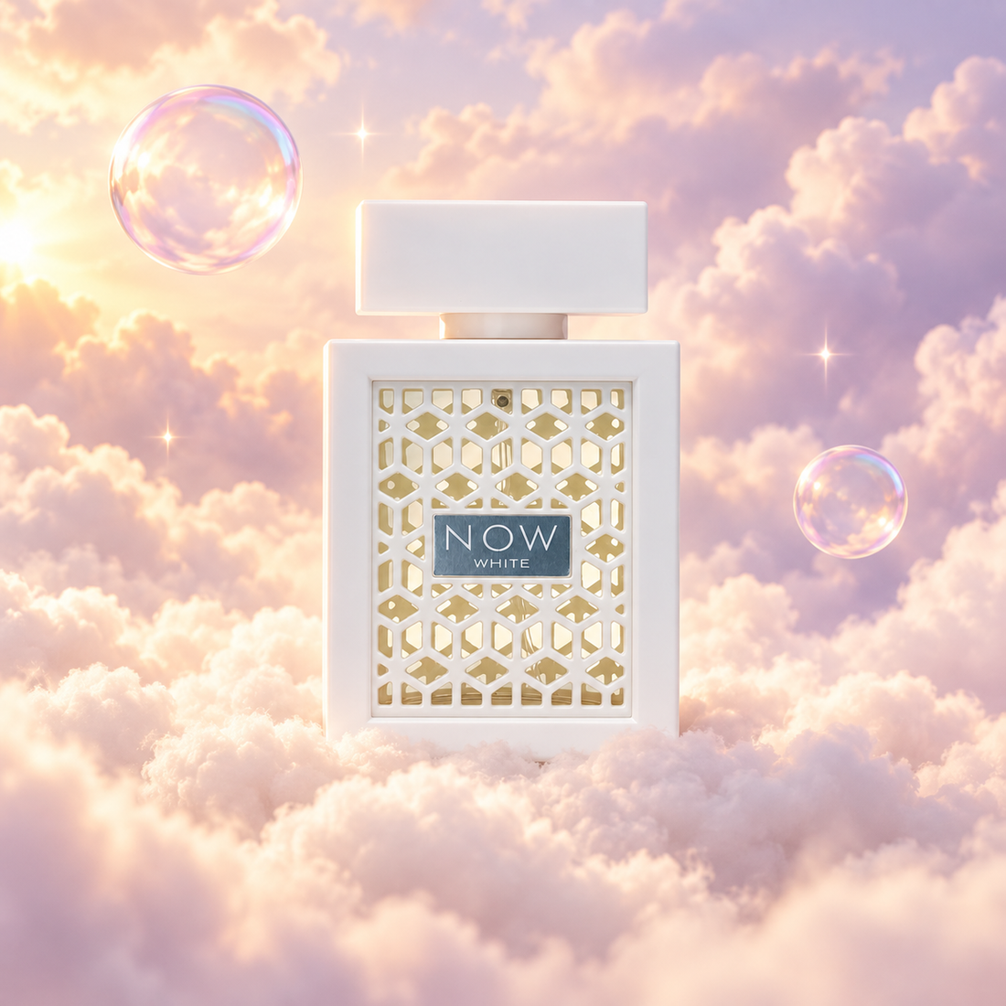 Bottle of Rave Now White by Lattafa on a bank of clouds, in a pink and lavender sky with iridescent bubbles and golden light.