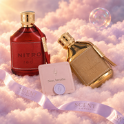 Close-up of the Red & Gold kit with the Now, breathe card and the Scent Harmony ribbon