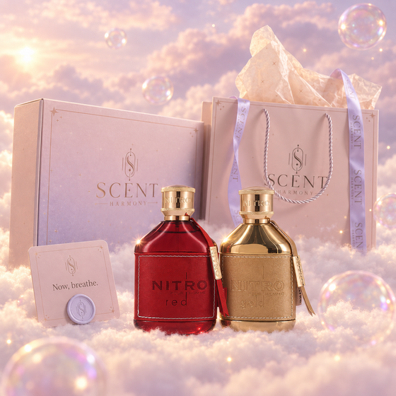 Kit de regalo Red & Gold para él delante de la caja y la bolsa de regalo de Scent Harmony