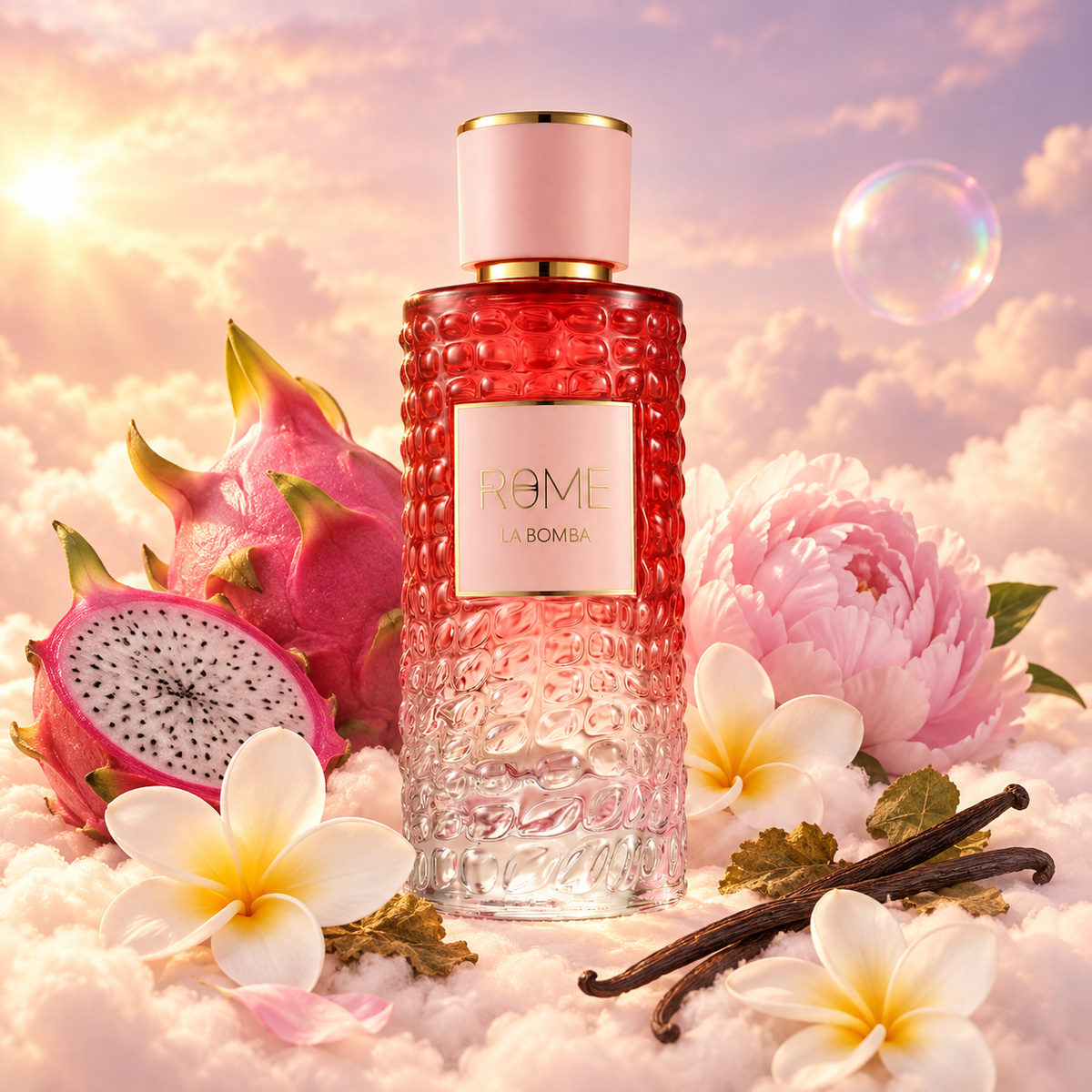 The bottle of Rome La Bomba by Bharara surrounded by dragon fruit, peony and frangipani, on clouds.