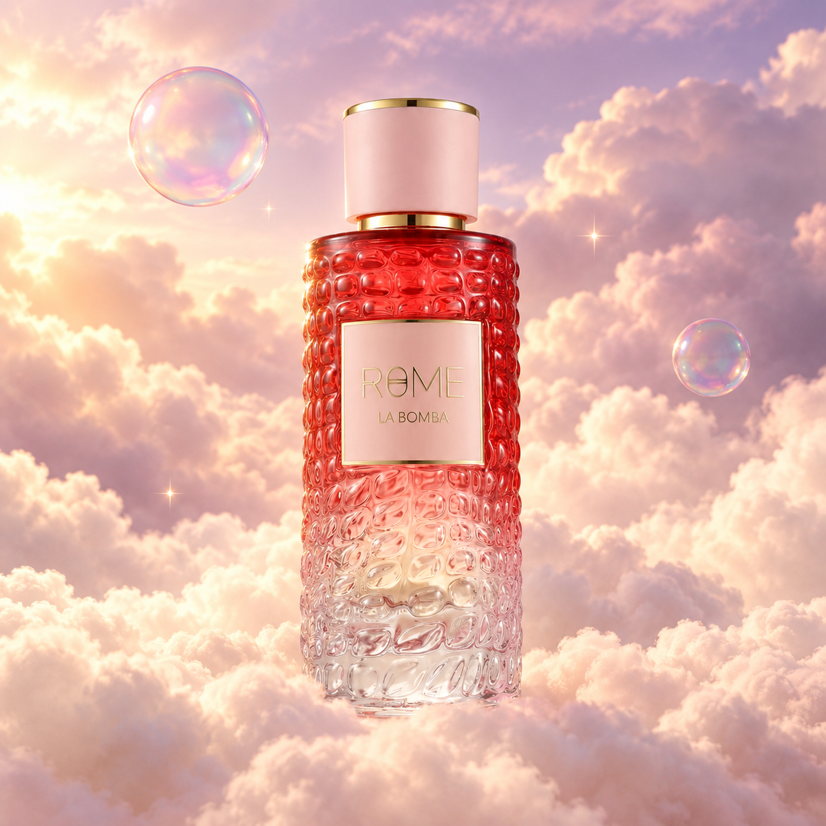 Bottle of Rome La Bomba by Bharara on a bank of clouds, in a pink and lavender sky with iridescent bubbles and golden light.