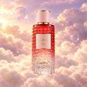 Bottle of Rome La Bomba by Bharara on a bank of clouds, in a pink and lavender sky with iridescent bubbles and golden light.