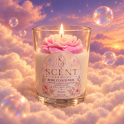 The Rose Cloud Veil candle, lit