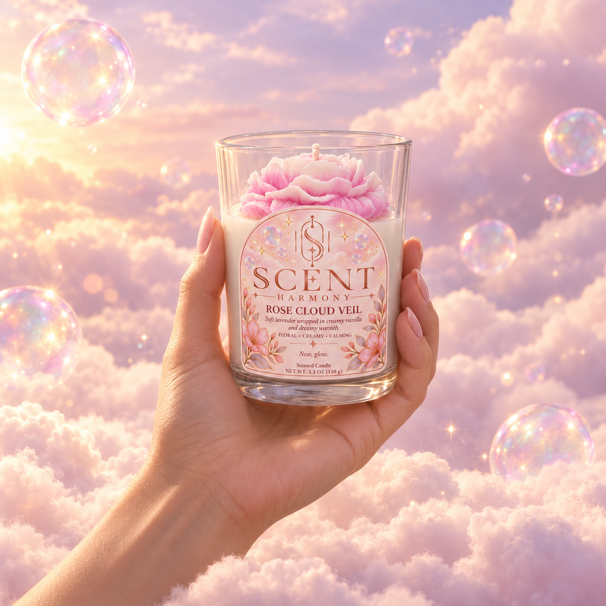 The Rose Cloud Veil candle in hand, to show its size