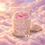 The Rose Cloud Veil candle by Scent Harmony, hand-poured in soy, with its wax flower