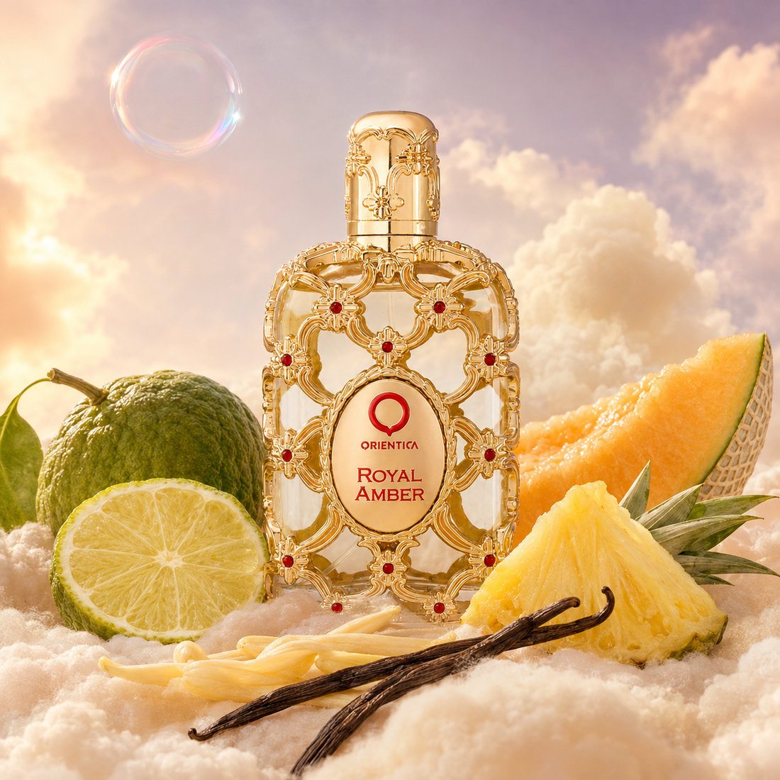 The bottle of Royal Amber by Orientica surrounded by bergamot, green notes, melon and pineapple, on clouds.