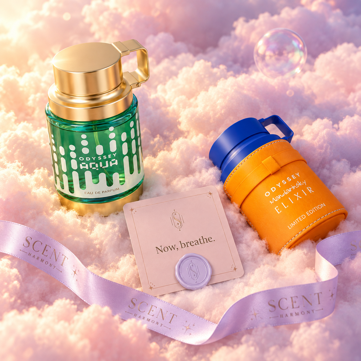 Detalle del kit Sea & Sky con la tarjeta Now, breathe y la cinta de Scent Harmony