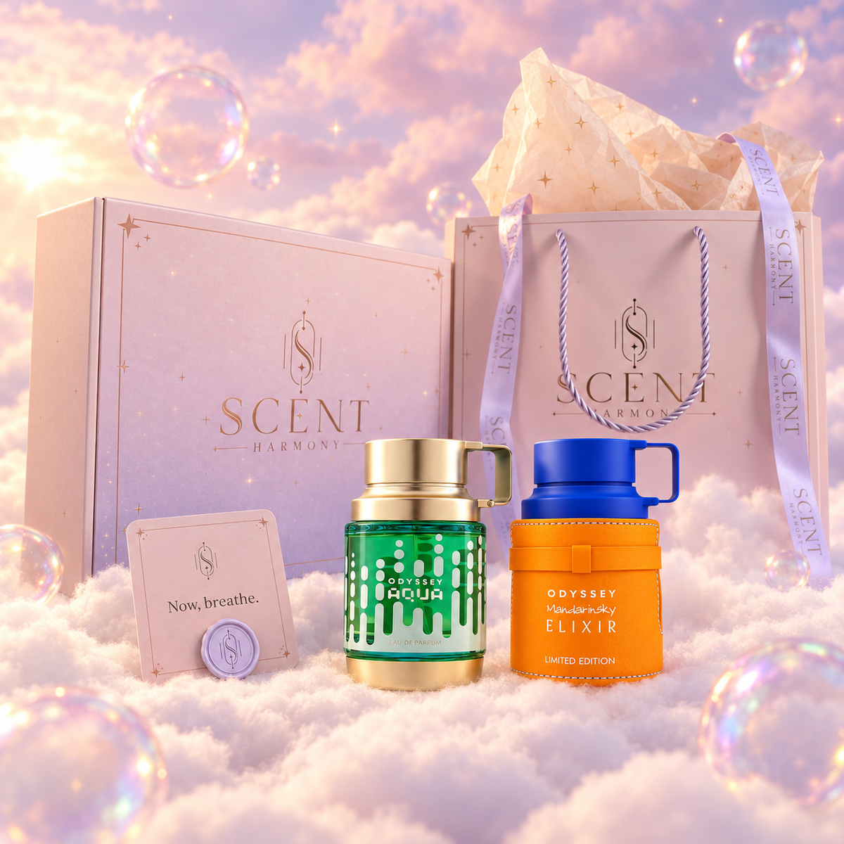 Kit de regalo Sea & Sky para él delante de la caja y la bolsa de regalo de Scent Harmony