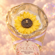 Close-up of the wax flower on the Sunlit Garden Dream candle