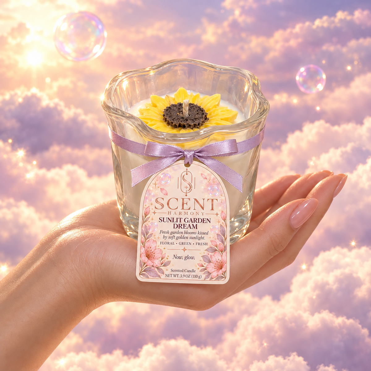 The Sunlit Garden Dream candle in hand, to show its size
