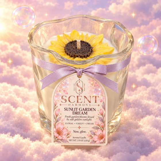 Vela Sunlit Garden Dream de Scent Harmony, de soya y hecha a mano, con su flor de cera
