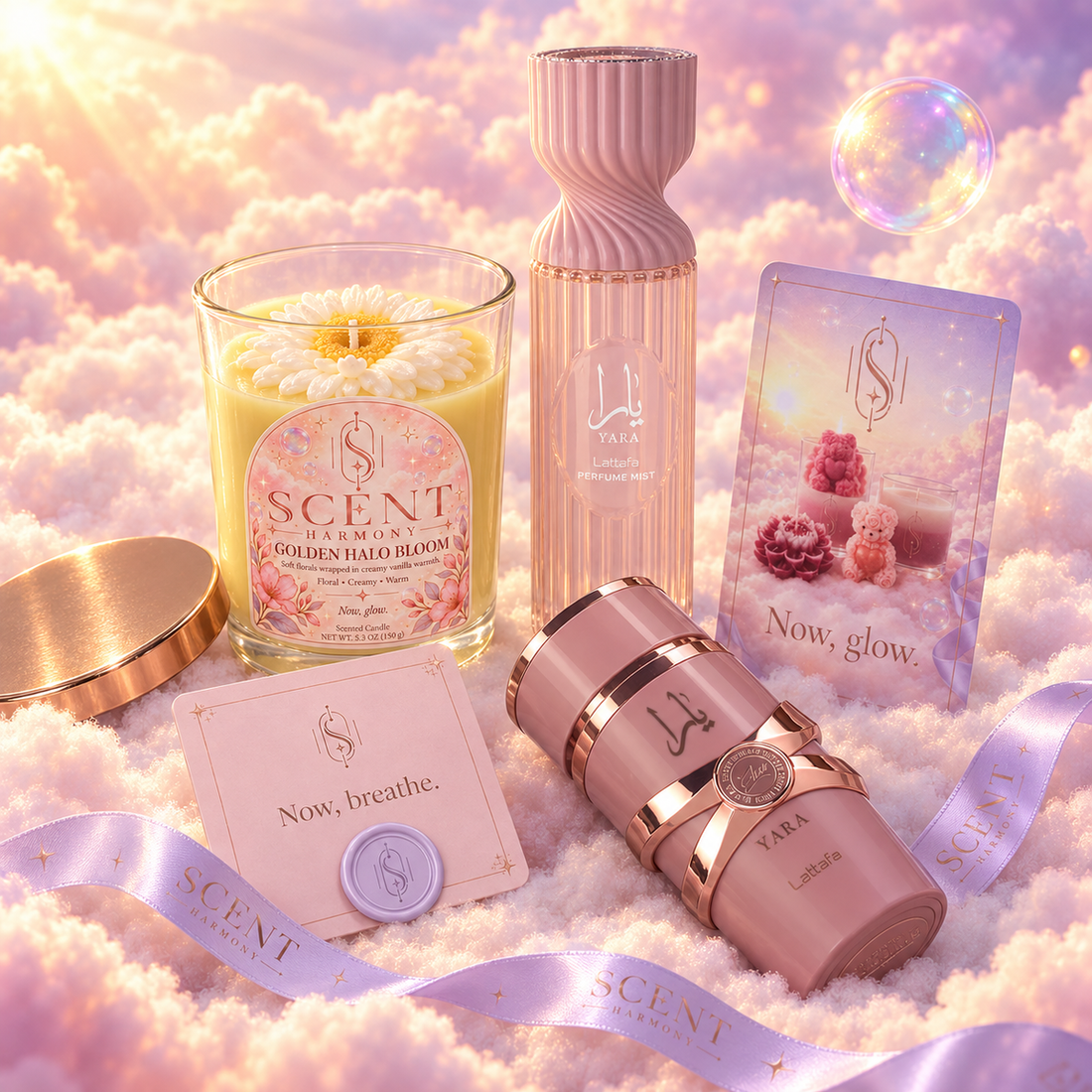 Close-up of the Sweet Reverie kit with the Now, breathe card and the Scent Harmony ribbon