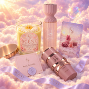 Close-up of the Sweet Reverie kit with the Now, breathe card and the Scent Harmony ribbon