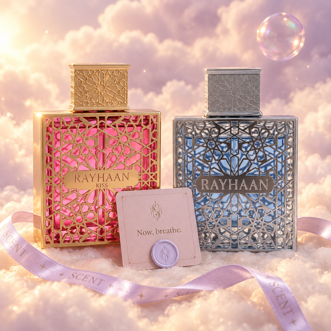 Close-up of the Sweet Tide kit with the Now, breathe card and the Scent Harmony ribbon